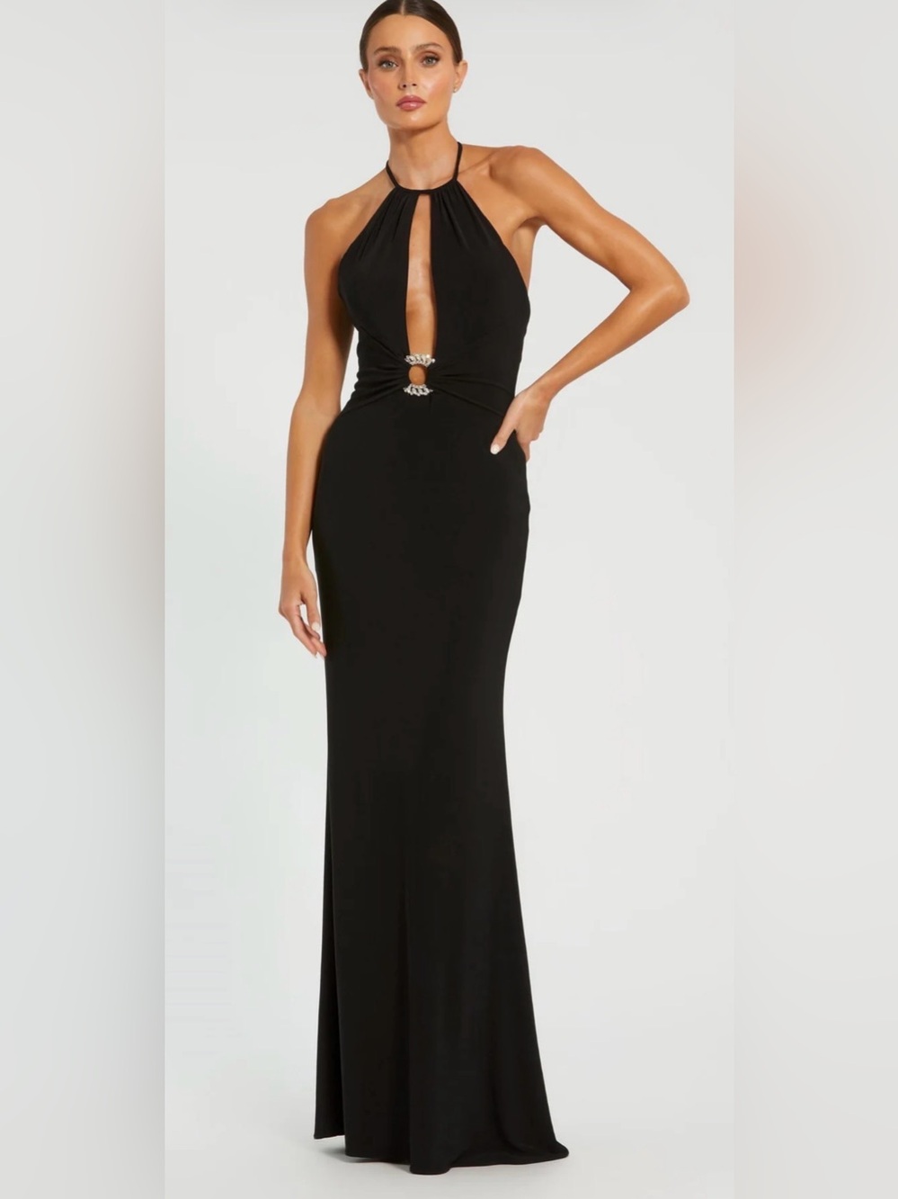 Mac Duggal Black Halter Keyhole Evening Gown with Rhinestone Accent